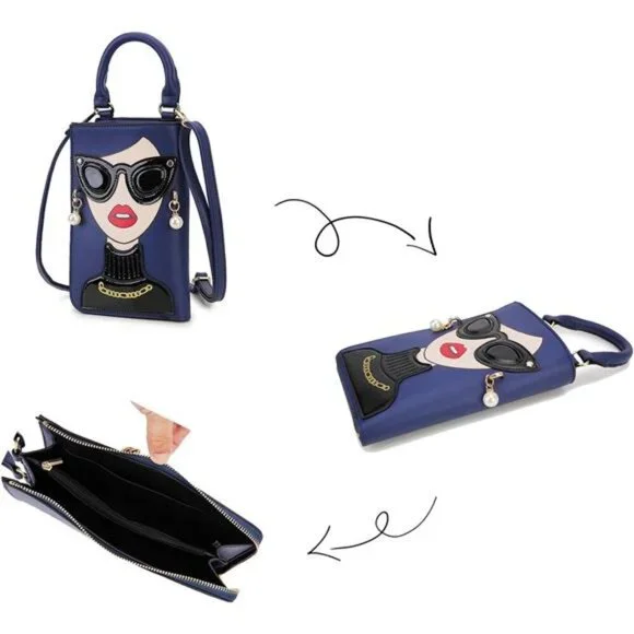 Lady Face Deep Blue Shoulder Bags Funky Vegan Leather Top Handle Satchel - Picture 5 of 6